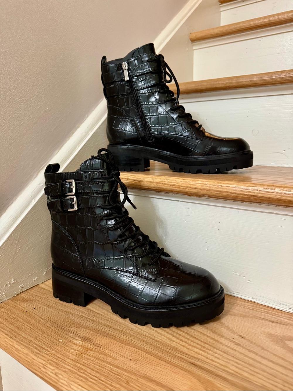 Marc Fisher LTD Barren 2 Croc Embossed Leather Combat Boots Buckle Size 8.5 NWT